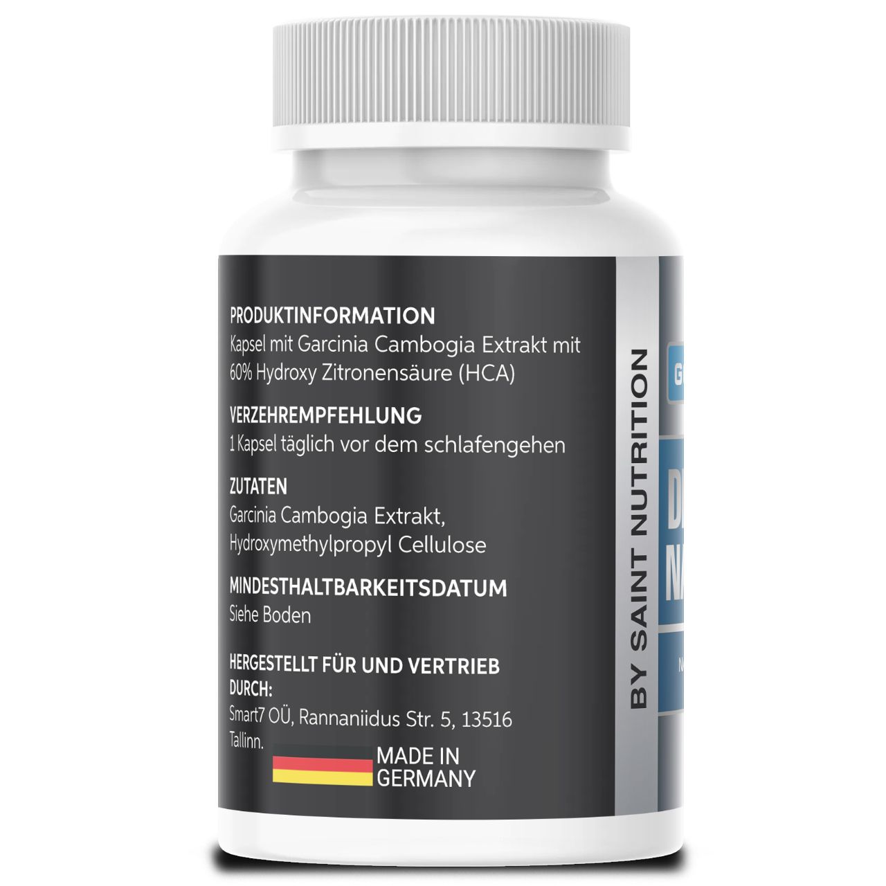 Rückseite einer weißen Kapsel-Dose. Produktinformationen, Zutaten, Mindesthaltbarkeitsdatum und Herstellerangaben.