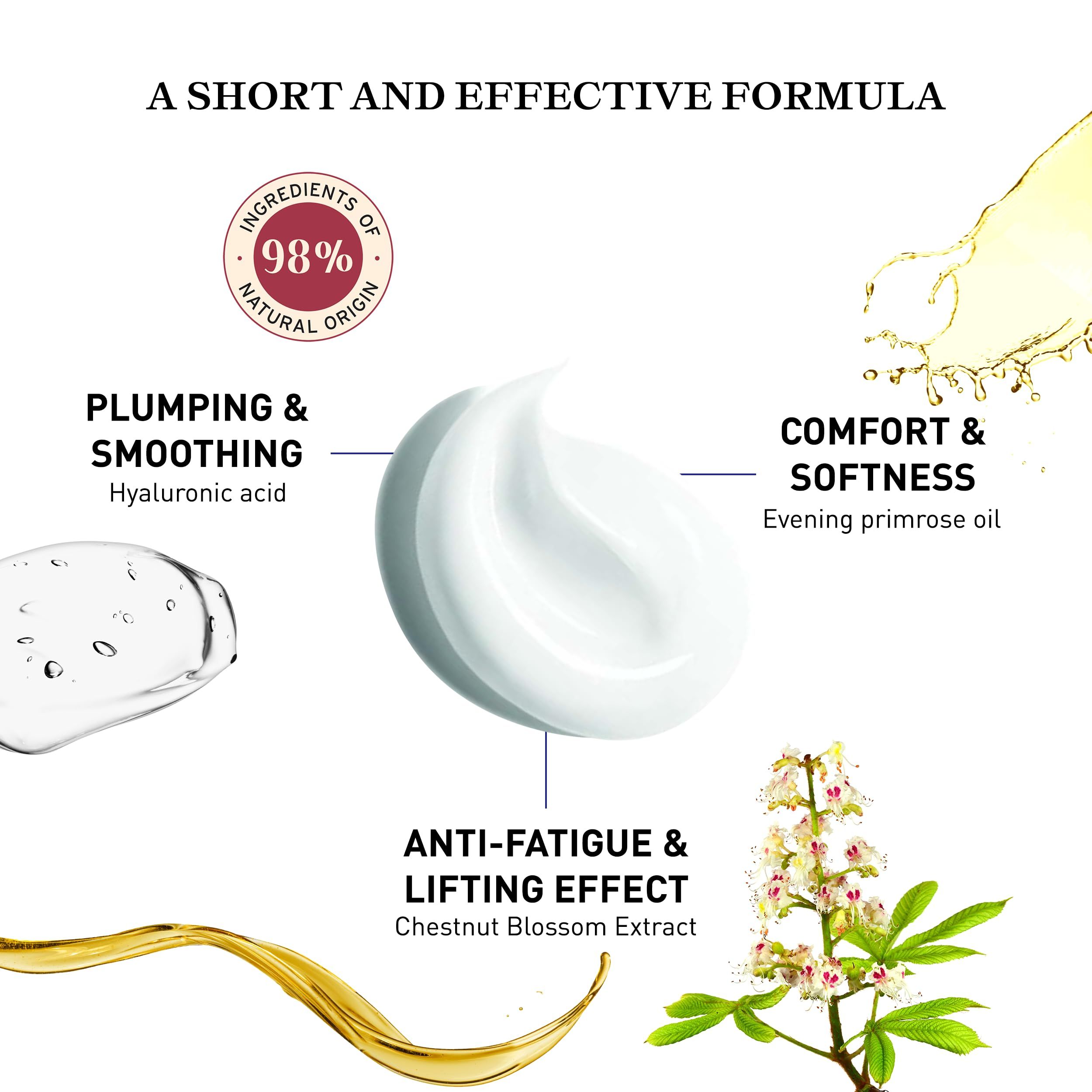 Nahaufnahme von Creme und Inhaltsstoffen. Text: 98% natürlichen Ursprungs. Hyaluronsäure, Nachtkerzenöl, Rosskastanienextrakt.