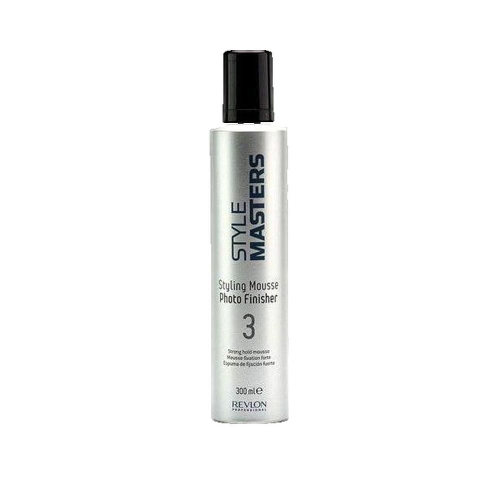 Silberne Sprühflasche mit schwarzem Deckel. Aufschrift STYLE MASTERS, Styling Mousse Photo Finisher 3, 300 ml, Revlon Professional.