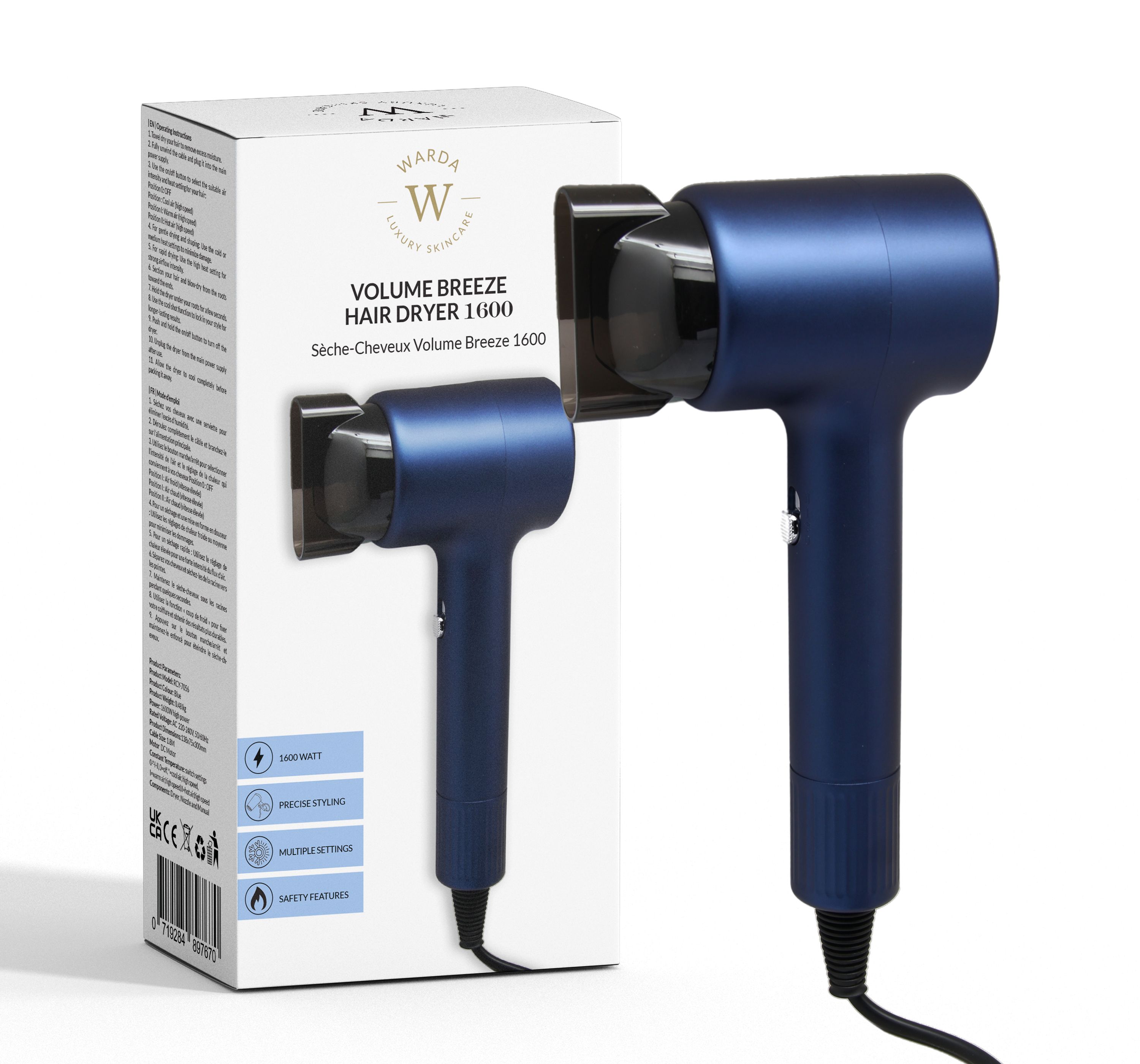 Blauer Haartrockner mit Zubehör auf weißer Verpackung. Merkmale: 1600W, Ionen-Styling, mehrere Einstellungen, Hitzeschutz.