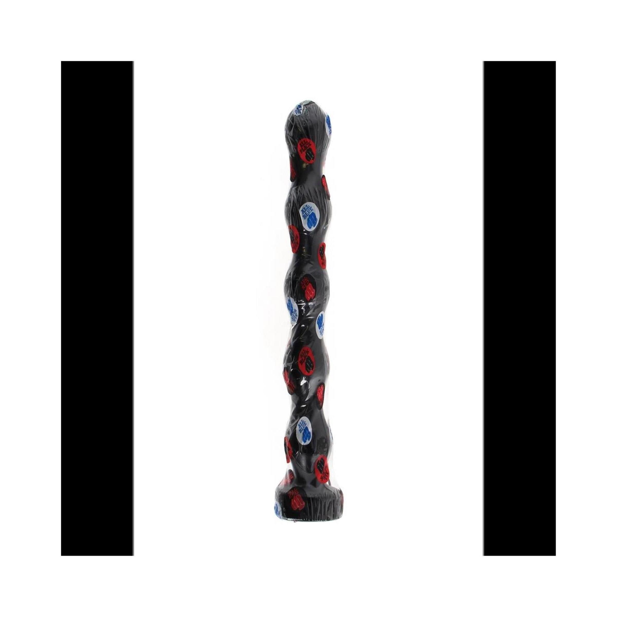 Schwarzer Anal-Dildo mit stufenförmigem Design. Verziert mit roten und blauen Details. Längliche Form mit breiter Basis.