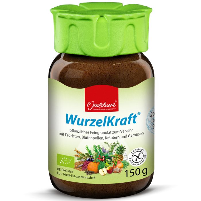 Braune Dose mit grünem Deckel. Aufschrift: WurzelKraft, 150g. Bio-Siegel und Abbildung von Früchten und Gemüse.