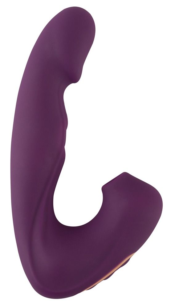 Lila Vibrator mit Klopffunktion und Klitorissauger. Gebogene Form, glatte Oberfläche, mit Öffnung.