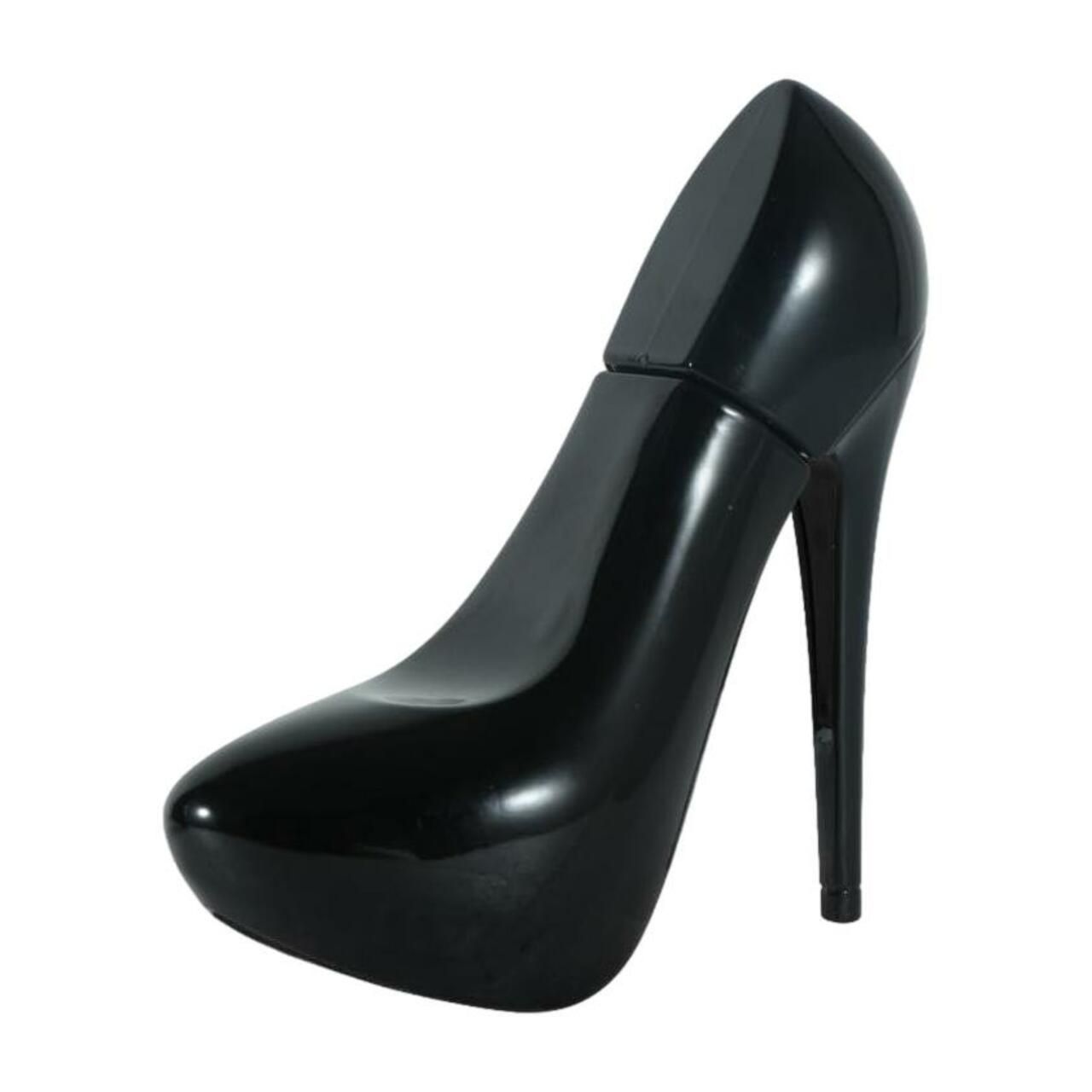 Schwarzer Flakon in Form eines High Heels. Glänzende Oberfläche, hoher Absatz. Ohne weitere Details.