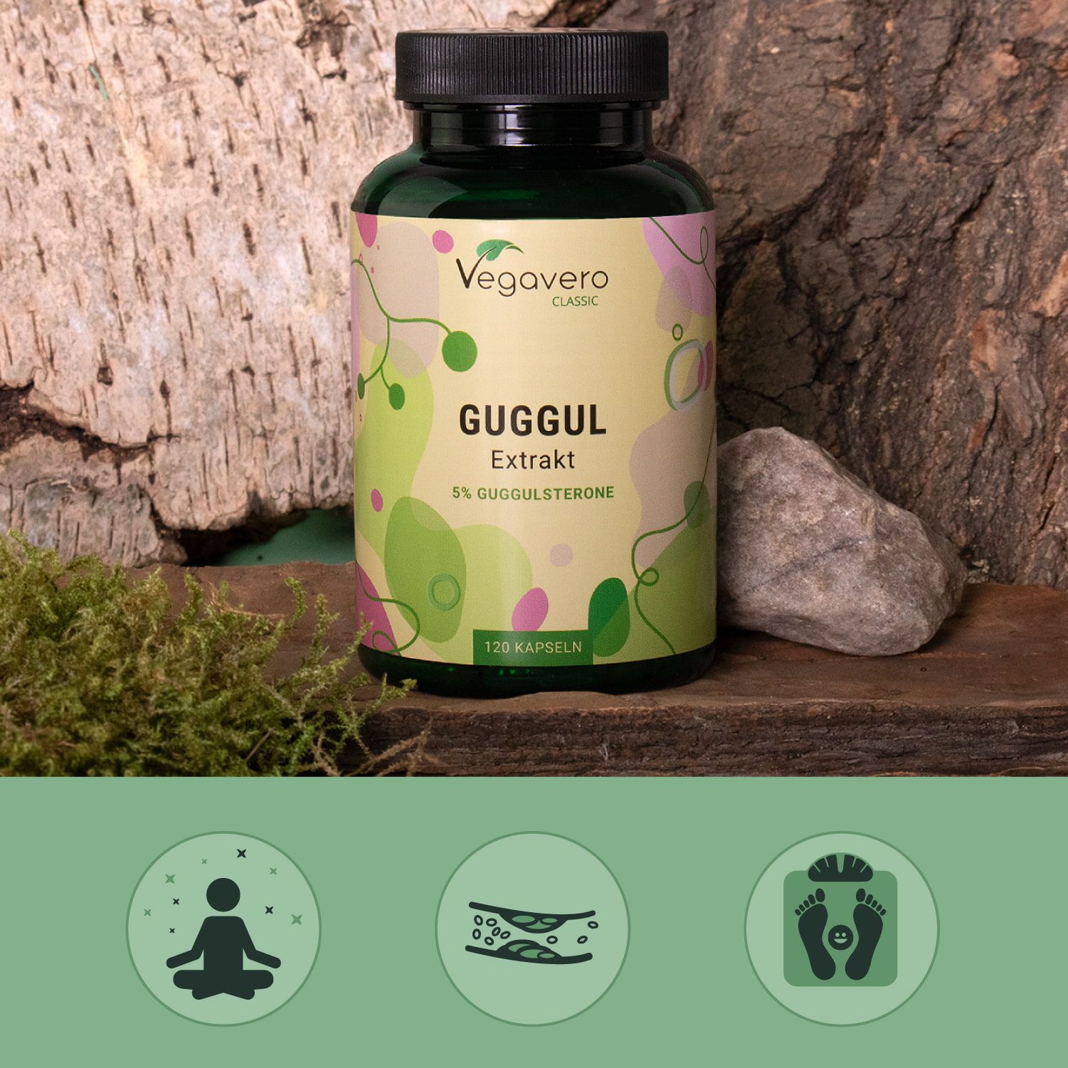 Vegavaro Guggul-Flasche auf Holz. 120 Kapseln, 5% Guggulsterone. Symbole: Meditation, Blätter, Waage.