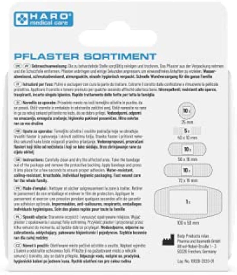 Achterkant van de Haro pleisterassortiment verpakking. Maten en instructies in meerdere talen.