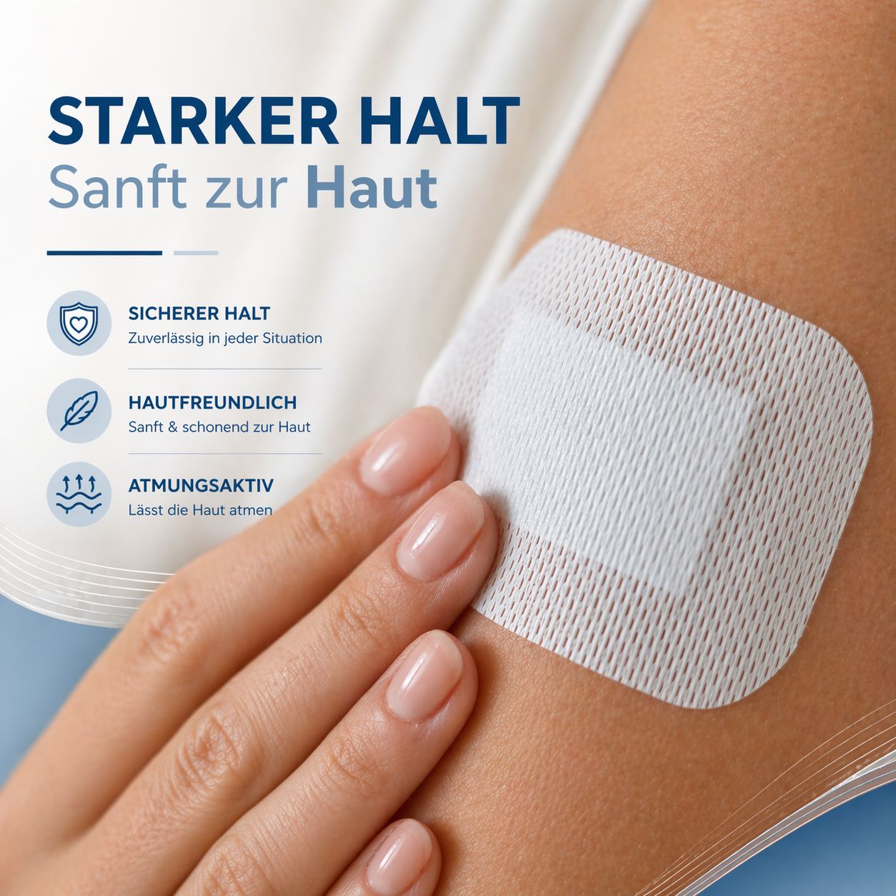 Steriles Wundpflaster auf einem Arm, zeigt starken Halt und Hautfreundlichkeit.