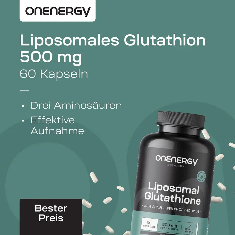 Flasche mit Kapseln. Text: Liposomales Glutathion 500 mg, 60 Kapseln, 3 Aminosäuren, effektive Aufnahme.