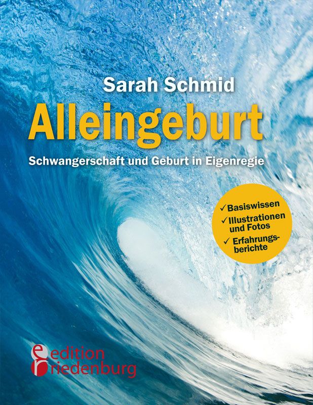Buchcover: "Alleingeburt" von Sarah Schmid. Titel in Gelb auf blauem Wellenhintergrund. Verlag: edition riedenburg.
