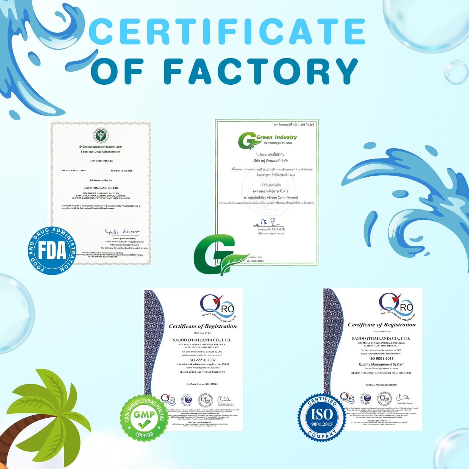 Zertifikate: FDA, G, QRO. Logos: GMP, ISO 9001. Marke: Saboo.