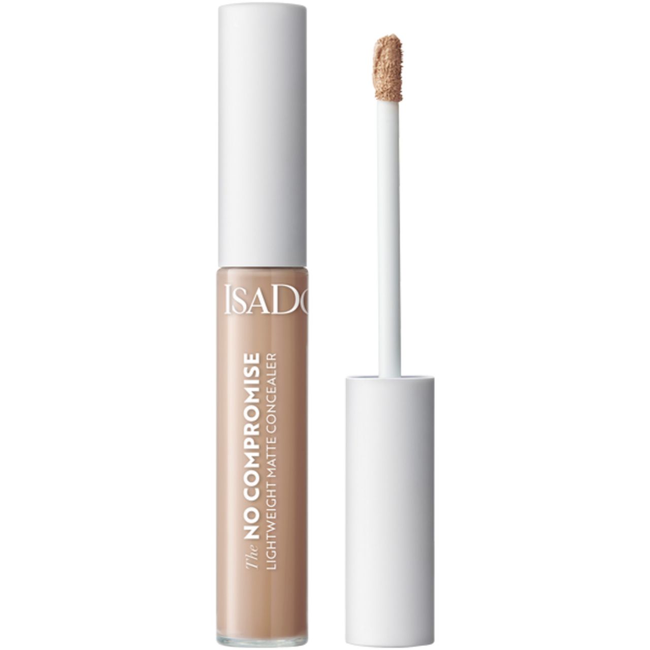 Concealer-Tube mit weißem Deckel und Applikator. Aufschrift: IsaDora, The No Compromise, Lightweight Matte Concealer.