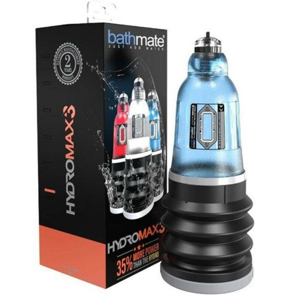 Produkt und Verpackung. Blaues Produkt mit schwarzem Faltenbalg. Verpackung zeigt Produktabbildung und Text: HYDROMAX3, 35% mehr Leistung.