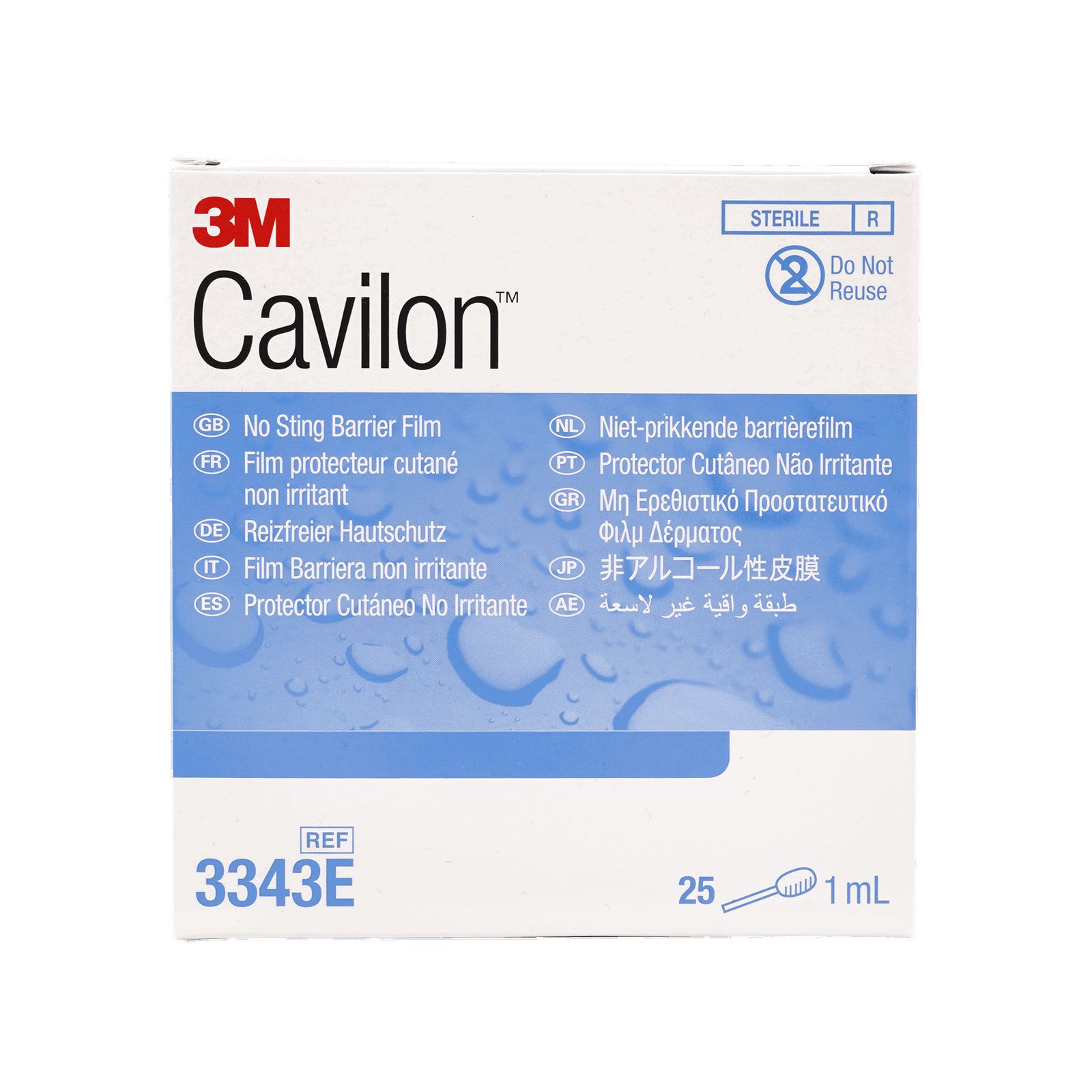 Kartonverpackung mit Produktnamen und Logos. Mehrsprachige Beschriftung. Enthält 25 Applikatoren à 1 ml. Steril.