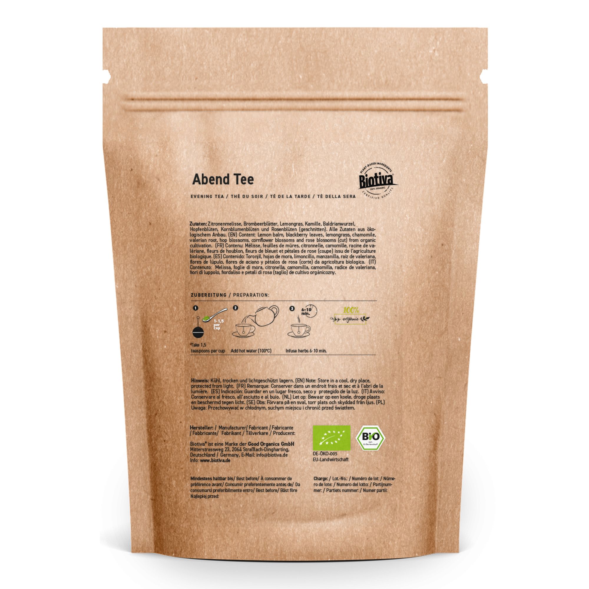 Rückseite eines braunen Beutels mit Biotiva-Logo. Text: Abend Tee, Zutaten, Zubereitung, Bio-Siegel.
