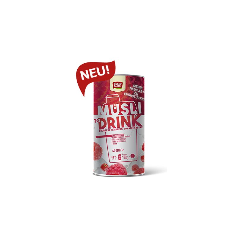 Zylinderförmige Dose mit "Müsli to Drink"-Aufdruck. Roter Hintergrund mit Himbeeren. "NEU!"-Banner.