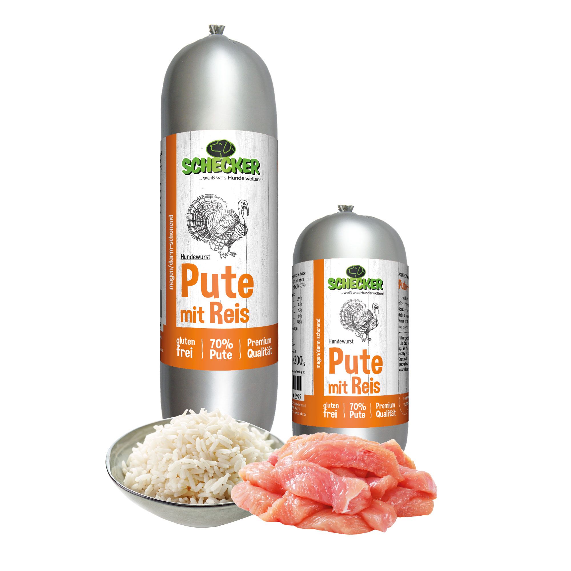 Zwei Würste mit Etikett 'Pute mit Reis'. Daneben Reis in Schale und Putenfleisch. Aufschrift: Schecker, glutenfrei, 70% Pute.