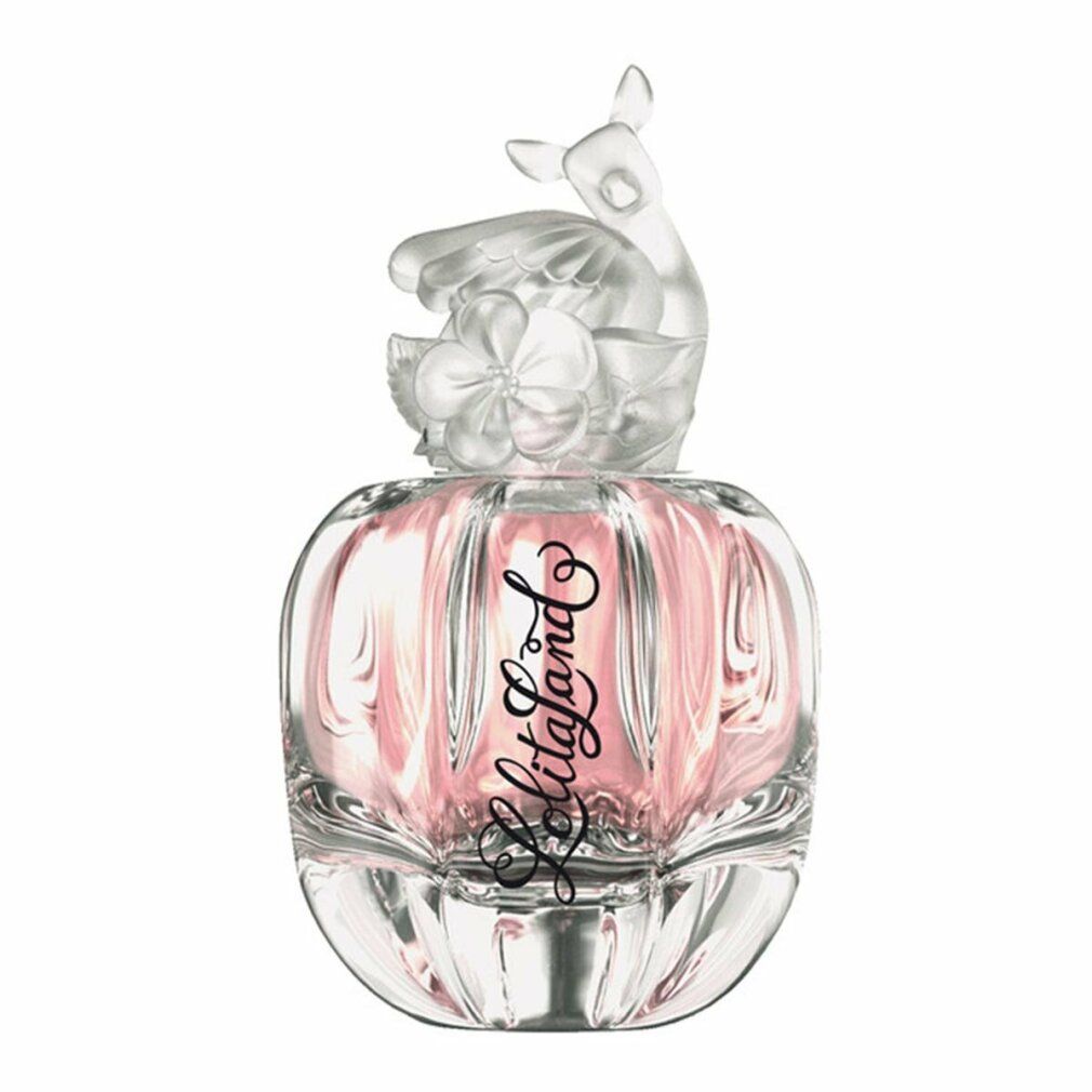 Lolita Lempicka Lolitaland Eau De Parfum Spray. Flakon mit rosa Flüssigkeit. Dekorative Kappe mit Reh-Figur. Text: Lolitaland.