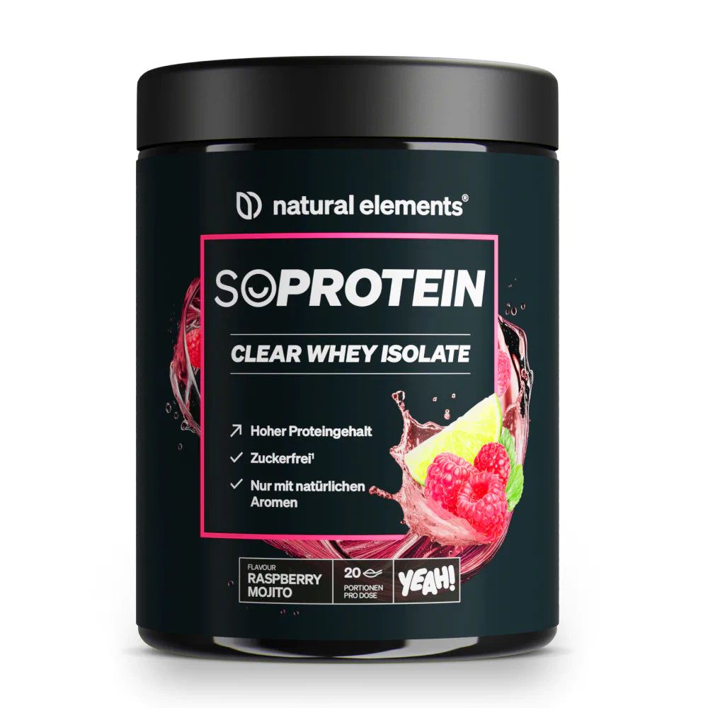 Dose mit schwarzem Deckel. Aufschrift: natural elements, SoProtein Clear Whey Isolate. Geschmack: Raspberry Mojito. Mit Illustration.