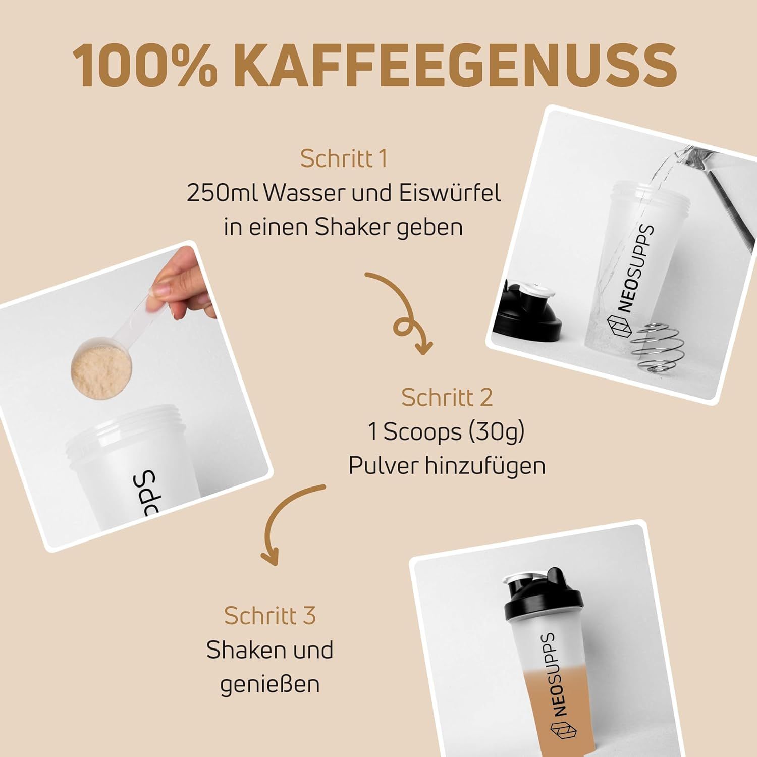 Anleitung zur Zubereitung von Protein Iced Coffee. Schritte: Wasser und Eiswürfel, Pulver hinzufügen, schütteln und genießen.