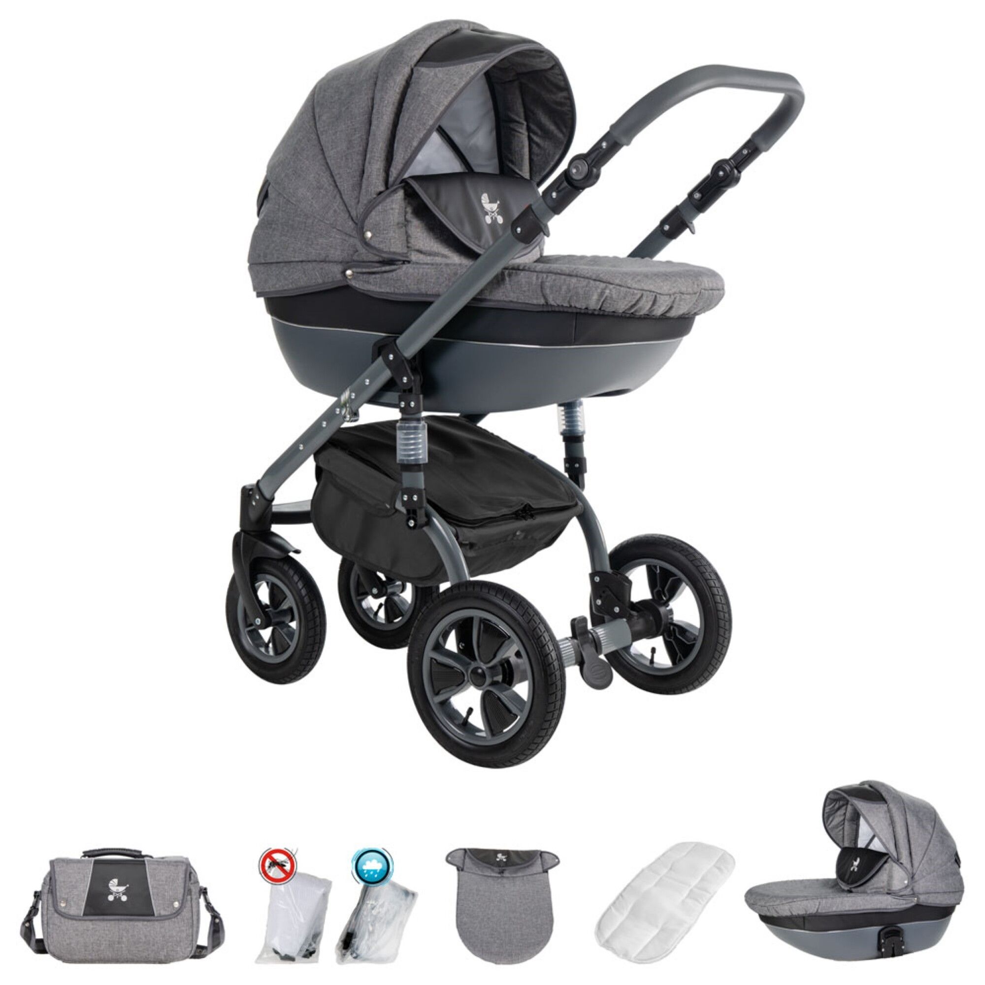 Grauer Kinderwagen mit Luftreifen. Enthält Babywanne, Zubehör und Tragetasche. Vier Räder, schwarzer Rahmen.