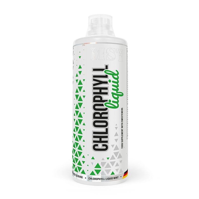 Weiße Flasche mit grünem und grauem Muster. Aufschrift: Chlorophyll Liquid. Enthält das Logo und den Schriftzug MST.