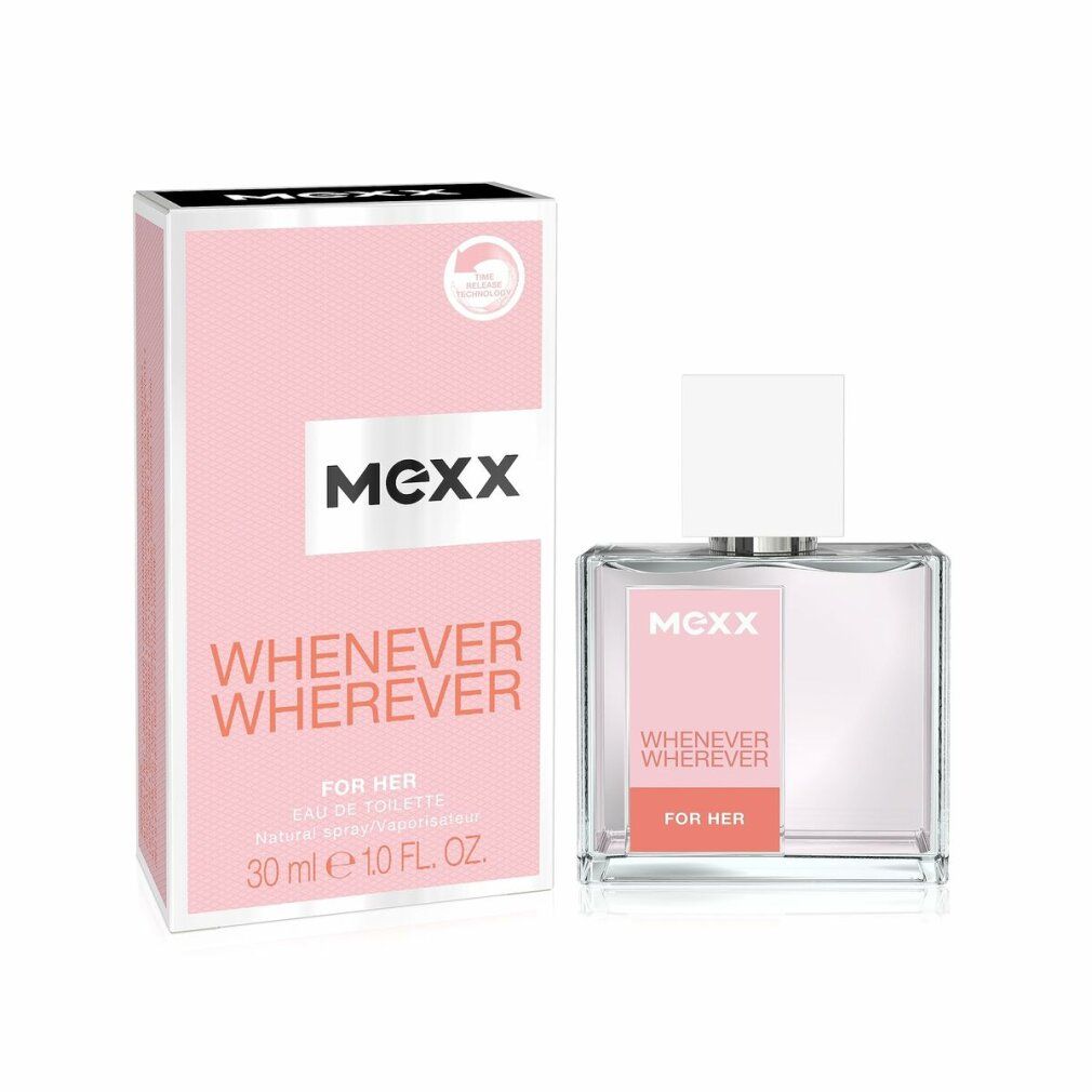Flakon und Verpackung. Flakon mit weißem Verschluss. Verpackung mit "Mexx Whenever Wherever".