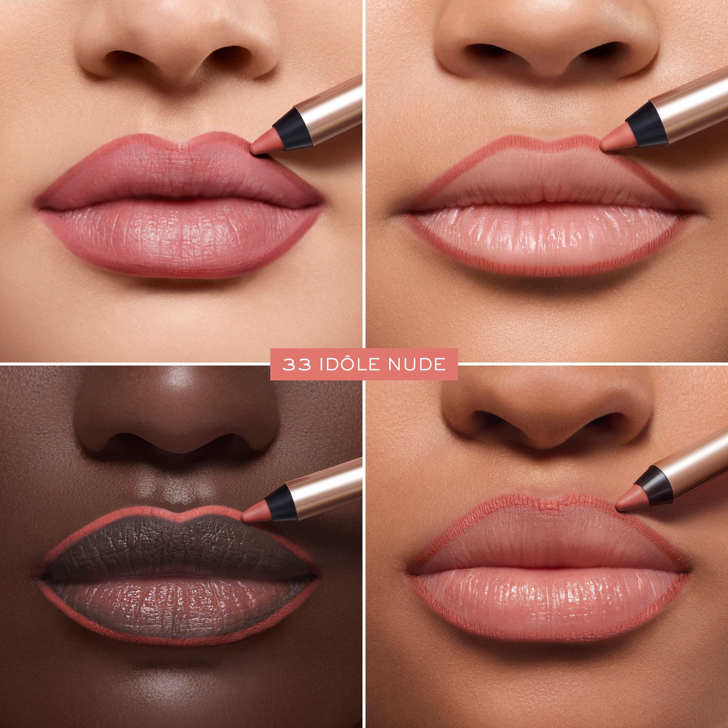 Vier Bilder zeigen Lippen, die mit Lancôme Lip Idôle Liner umrandet sind. Farbton: 33 Idôle Nude. Verschiedene Hauttöne.