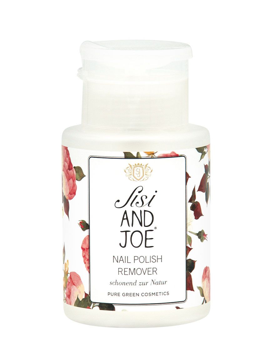 Kleine, weiße Flasche mit Klappdeckel. Etikett mit floralem Muster und Text: "Sisi and Joe".