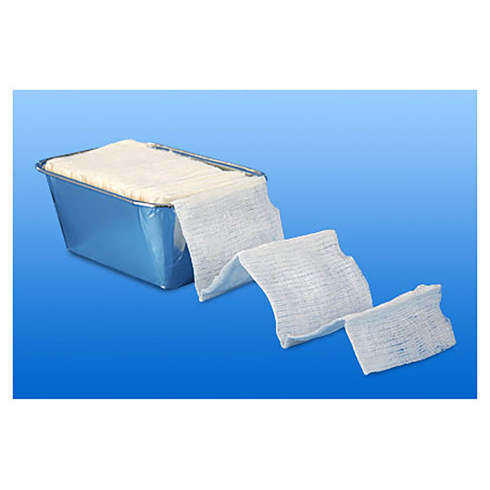 Tampons in einer blauen Metallbox. Einige Tampons sind ausgerollt.