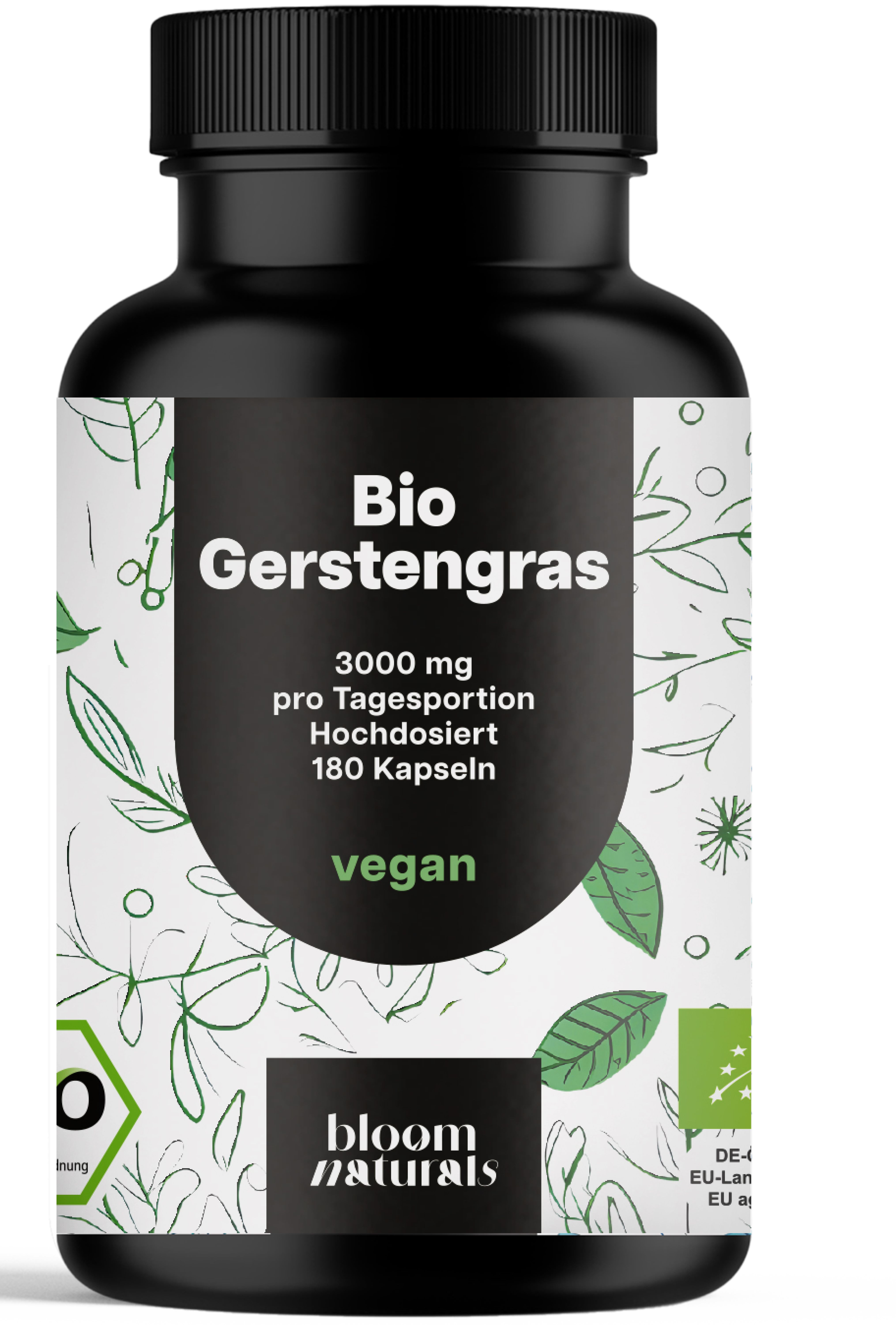 Bloom Naturals Bio Gerstengras Hochdosiert - 180 Kapseln 3000mg Pulver pro Portion. 111 g