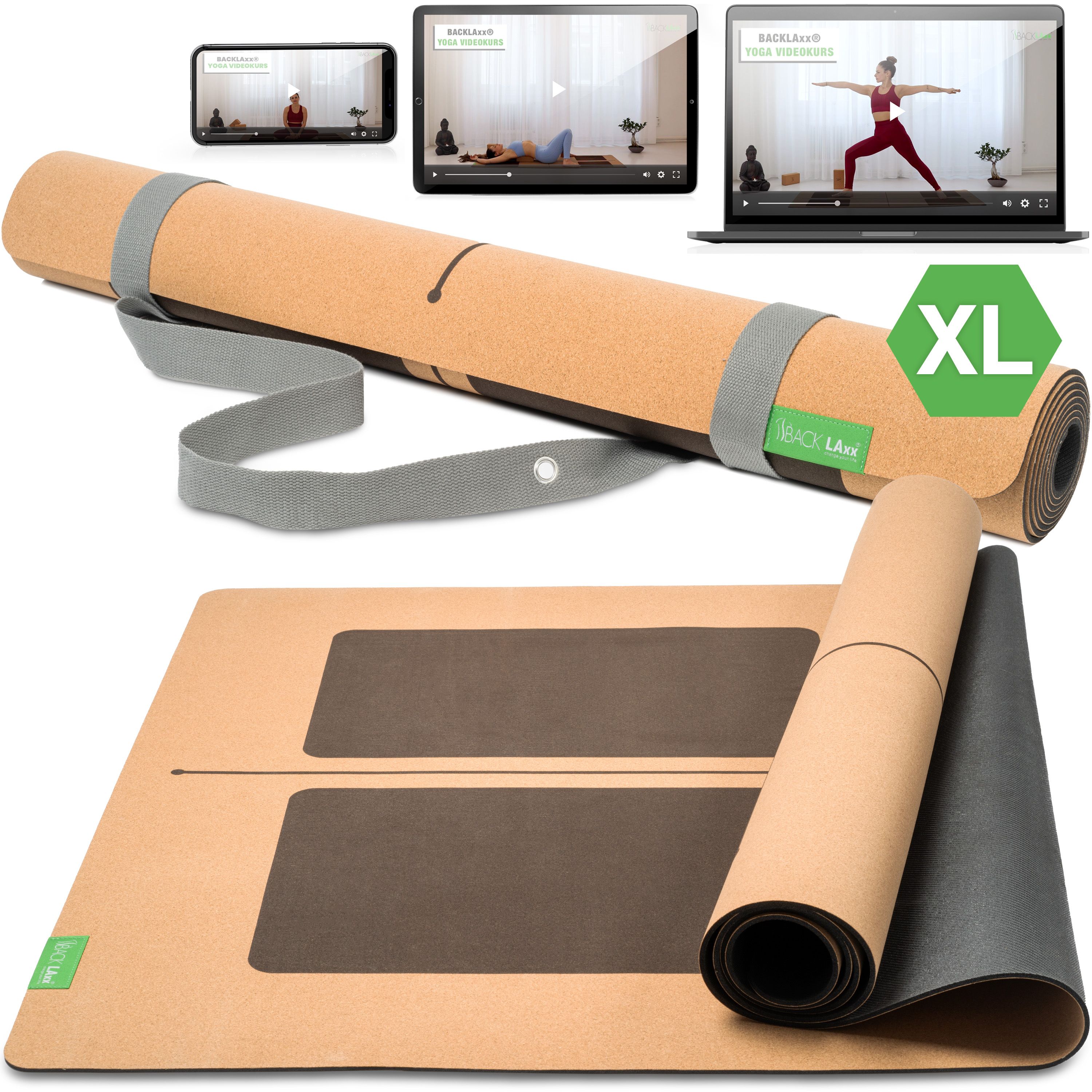 BACKLAxx® Yogamatte Kork mit Naturkautschuk 200x84x0,4cm