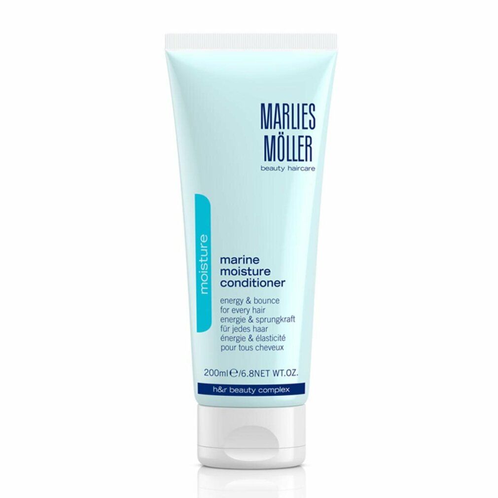 Marlies Möller Marine Moisture Conditioner, Tube mit blauem Akzent. Produktname und Text.