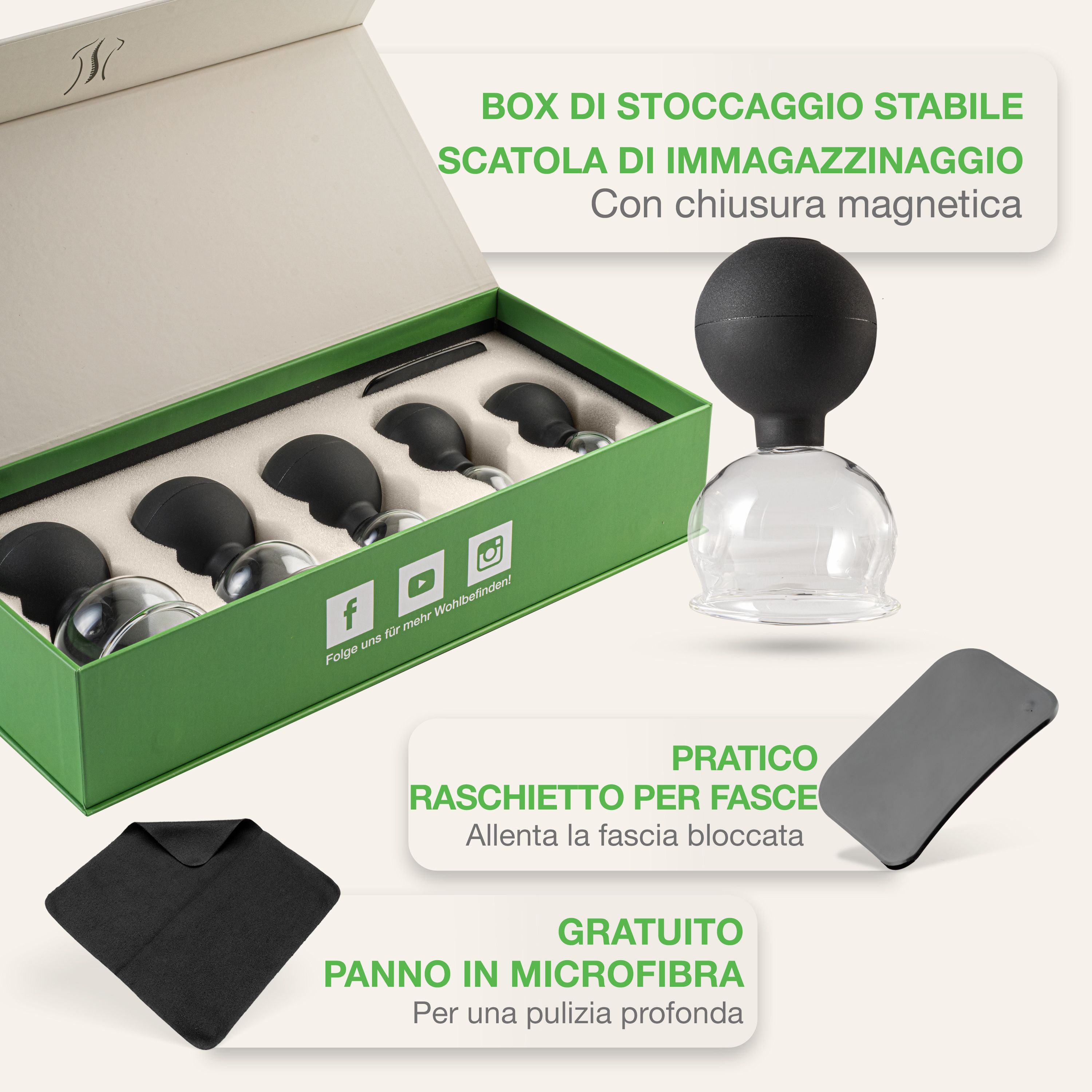 Set di coppettazione in scatola verde. Include bicchieri, raschietto fasciale e microfibra. Testo: Scatola di stoccaggio stabile con chiusura magnetica.