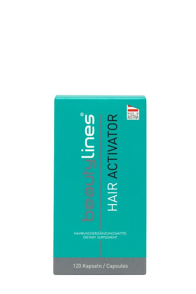 Eine rechteckige Schachtel mit der Aufschrift Hair Activator. Enthält 120 Kapseln. Hergestellt in Österreich.