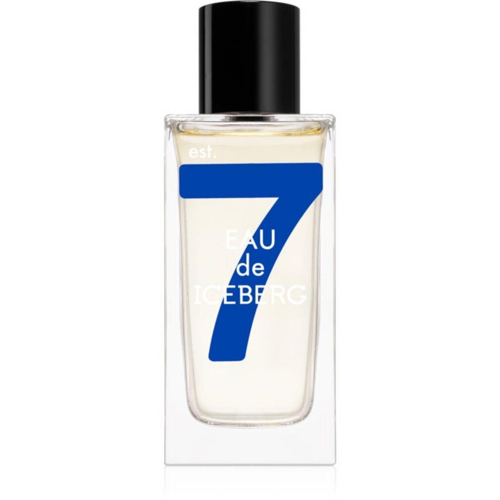 Transparenter Flakon mit schwarzem Deckel. Aufschrift: Eau de Iceberg. Blaue Grafik mit der Zahl 7. Eckige Form.