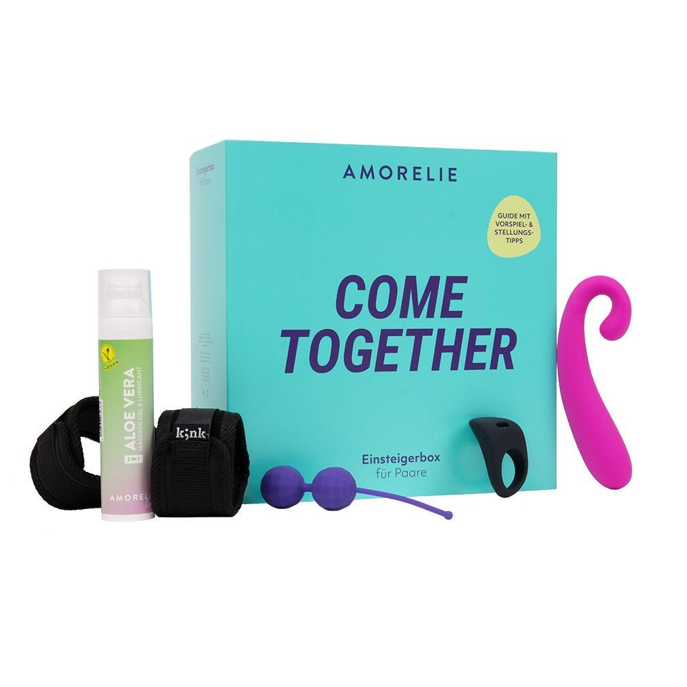 Set mit Box, Gleitgel, Bandagen, Kugelspiel und Vibrator. Box mit "COME TOGETHER" und "AMORELIE" Schriftzug.