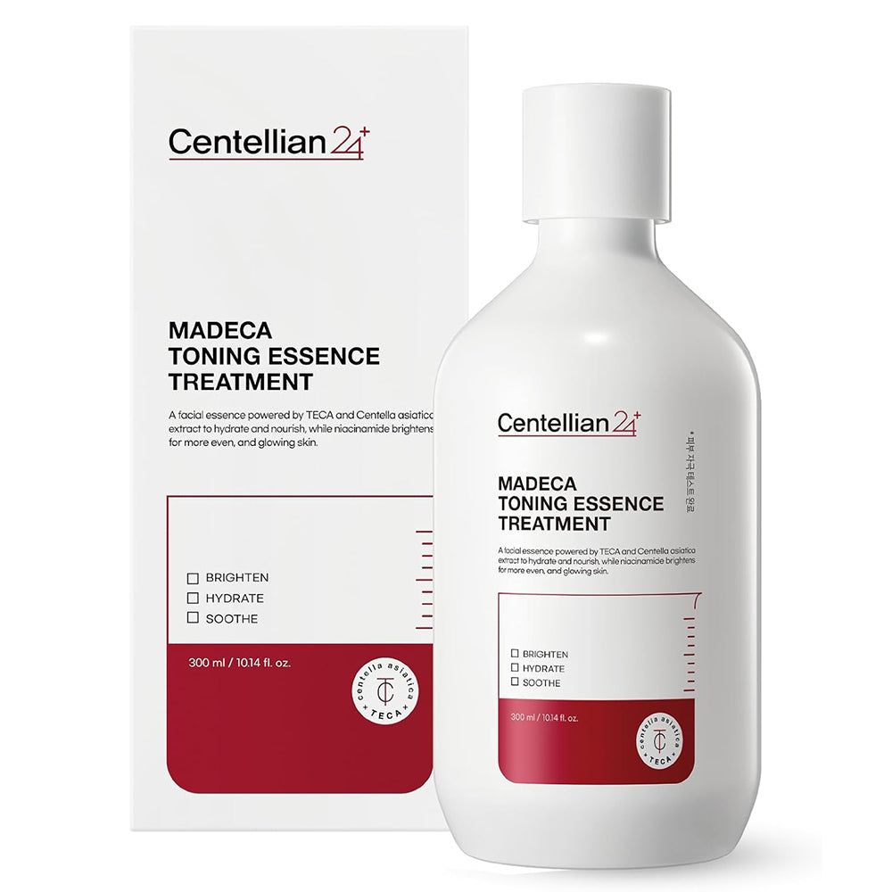 Produktverpackung. Weiße Flasche mit rotem Etikett. Aufschrift: Centellian 24 Madeca Toning Essence Treatment.
