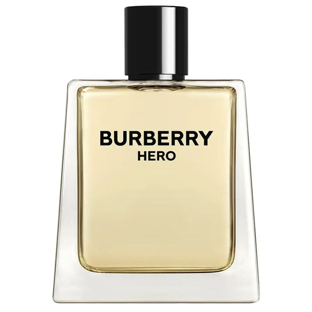 Burberry Hero Eau de Toilette. Rechteckiger Flakon mit schwarzem Verschluss. Aufschrift: Burberry Hero.