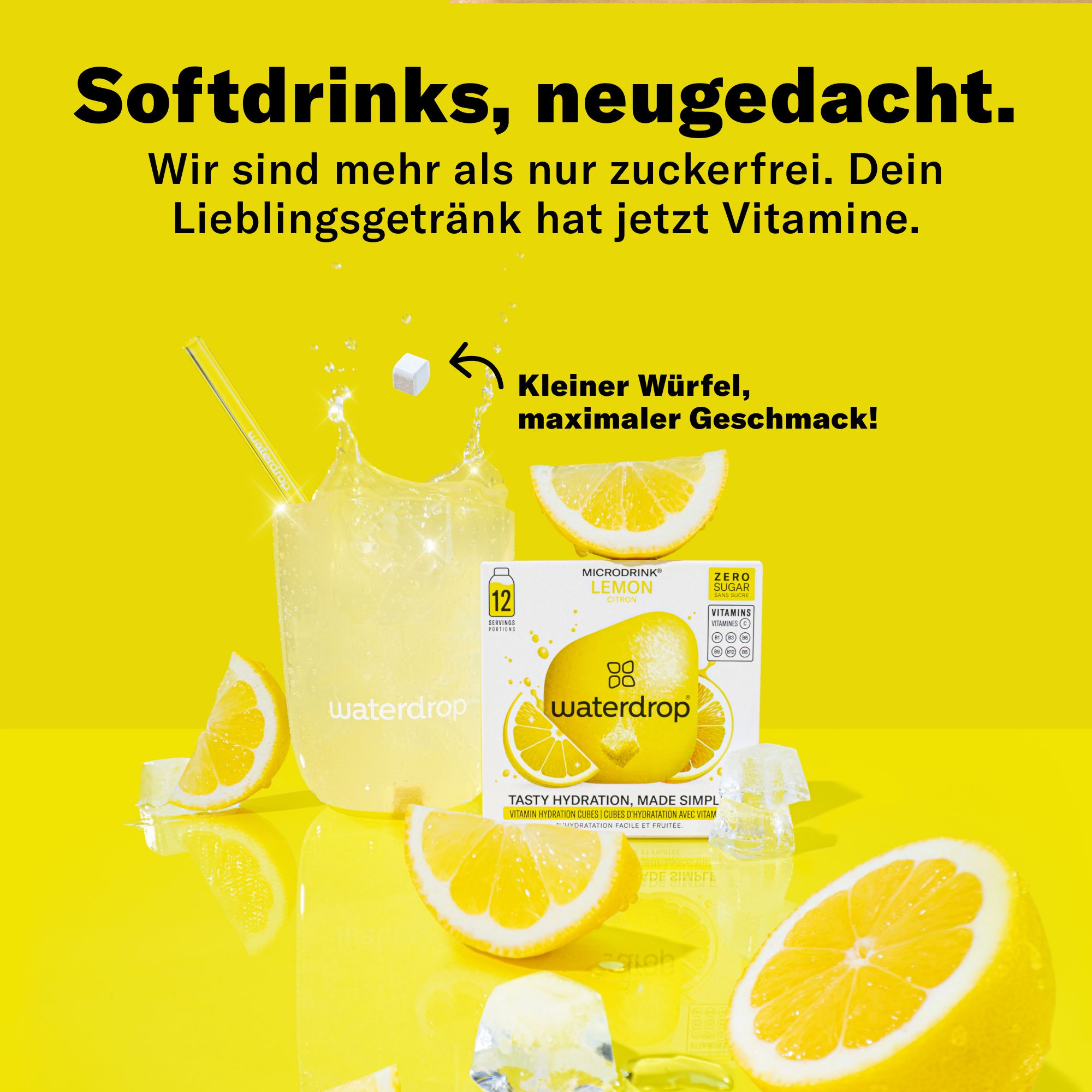 Gelber Hintergrund mit Zitrone und waterdrop®-Box. Aufschrift: Kleiner Würfel, maximaler Geschmack! 12 Portionen. Ohne Zucker.