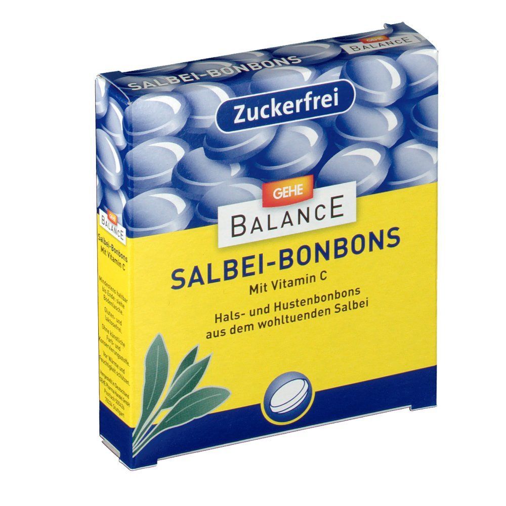 Verpackung von GEHE BALANCE Salbei-Bonbons zuckerfrei. Blaue Bonbons auf der Verpackung. Gelber Hintergrund mit Produktinformationen.