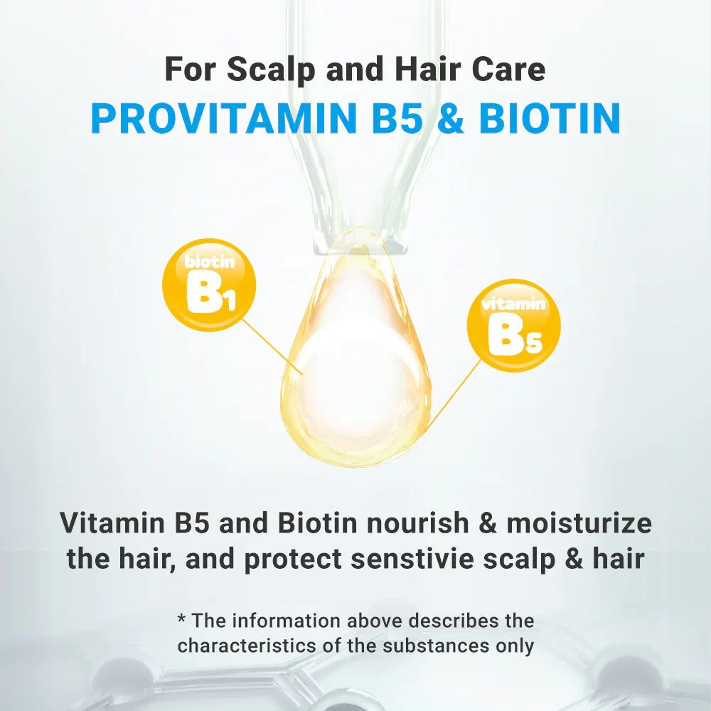 Grafik: Vitamin B5 und Biotin. Text: Vitamin B5 und Biotin nähren und befeuchten das Haar, schützen empfindliche Kopfhaut und Haare.