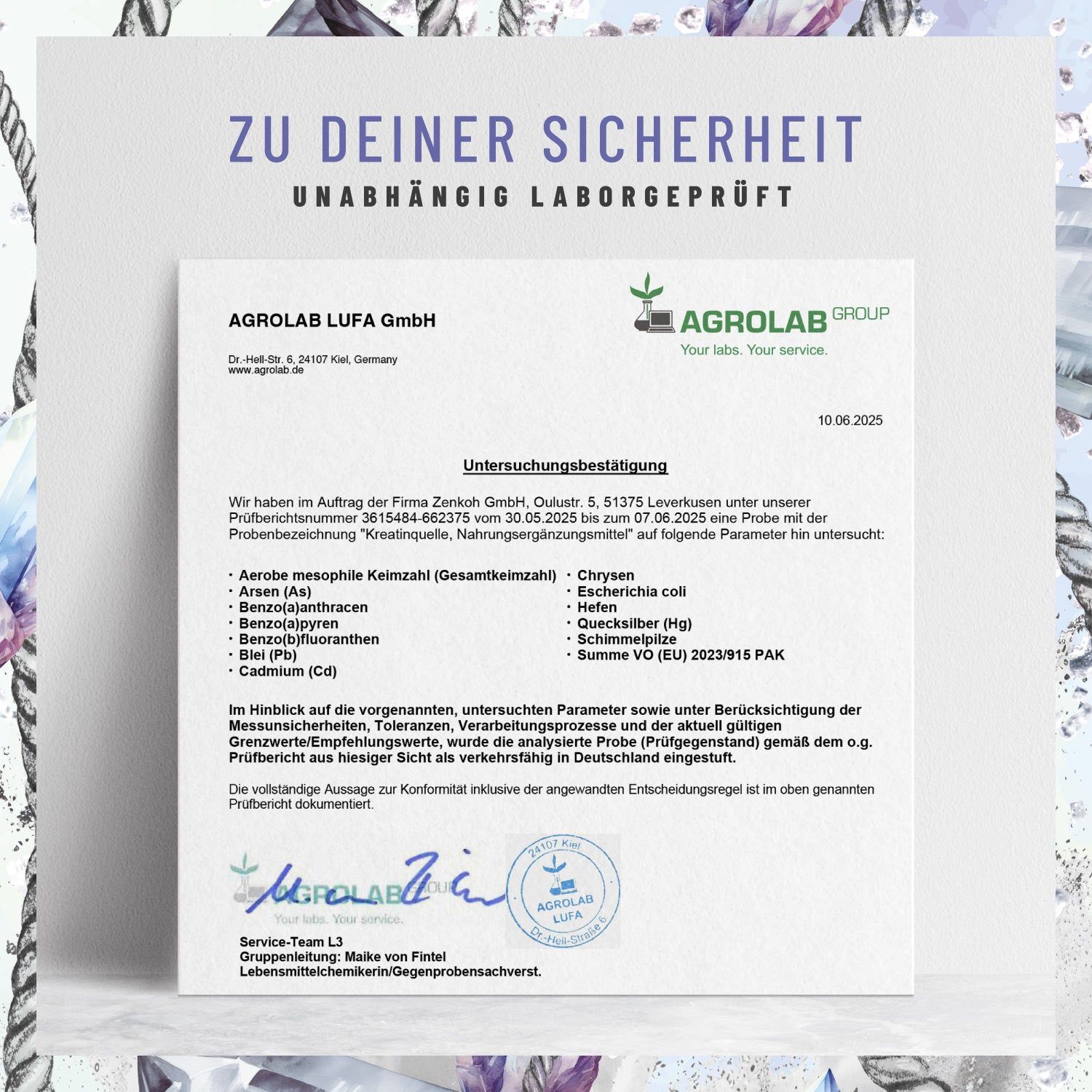 Zertifizierungsbericht von AGROLAB LUFA GmbH. Untersucht auf Schadstoffe. Stempel und Unterschrift.
