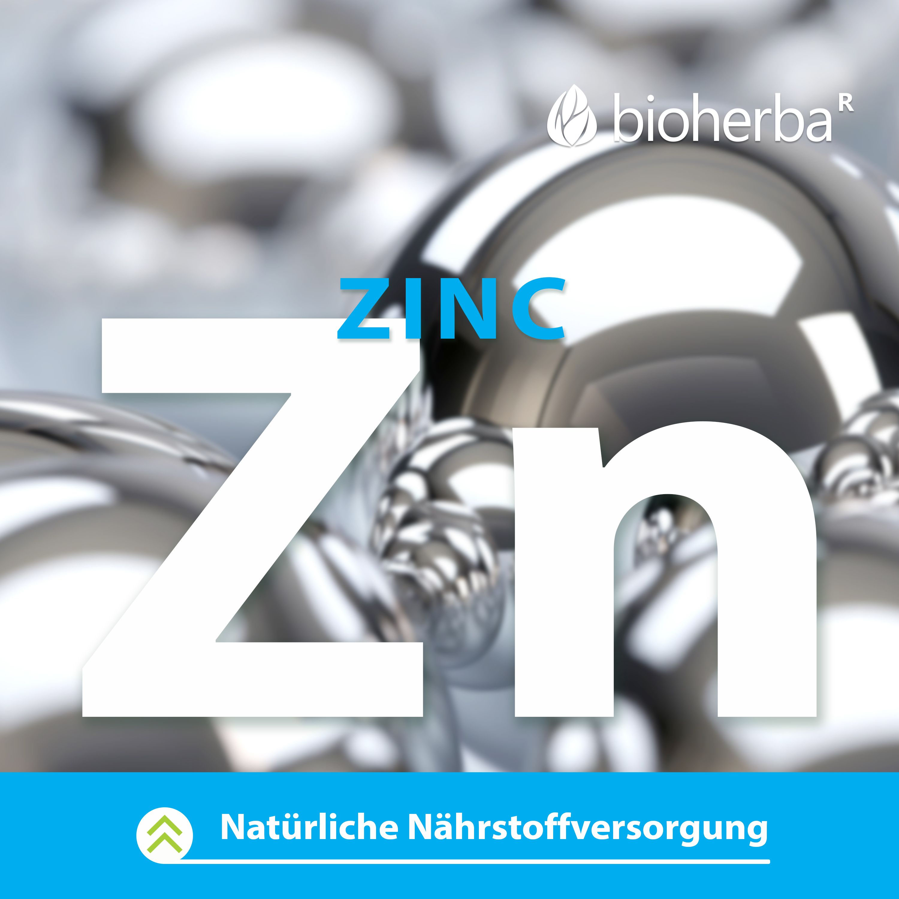 Zink-Schriftzug in weiß. Hintergrund mit silbernen Kugeln. Logo "bioherba". Text: Natürliche Nährstoffversorgung.