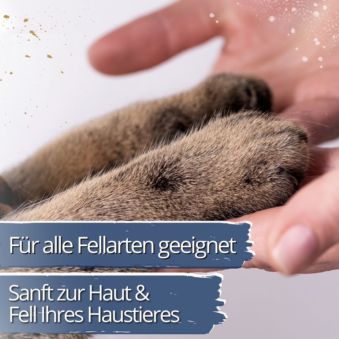 Hände halten die Pfoten eines Haustieres. Text: "Für alle Fellarten geeignet", "Sanft zur Haut & Fell Ihres Haustieres".