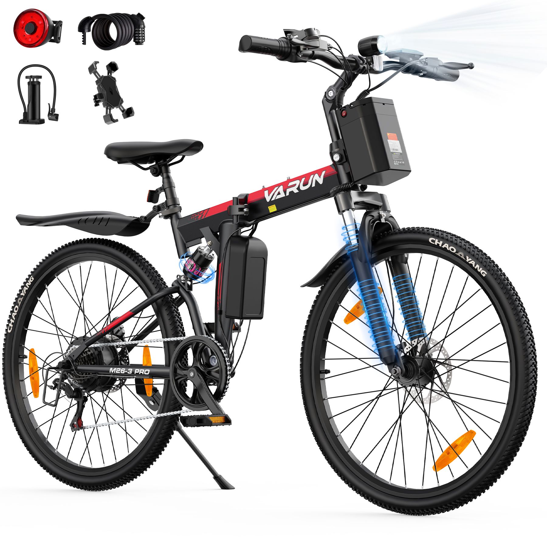 E-Bike mit Lichtstrahlen und Zubehör. Schwarzes Fahrrad mit roten Akzenten. VARUN-Logo sichtbar. Vollfederung.