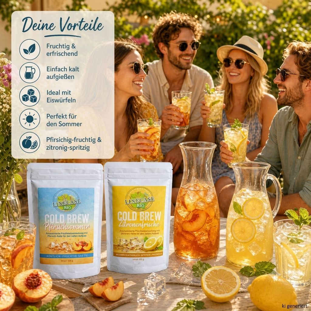 Vorteile von Linecase Cold Brew Probierpaket: 4 Sorten, einfach, erfrischend, bio, vegan.