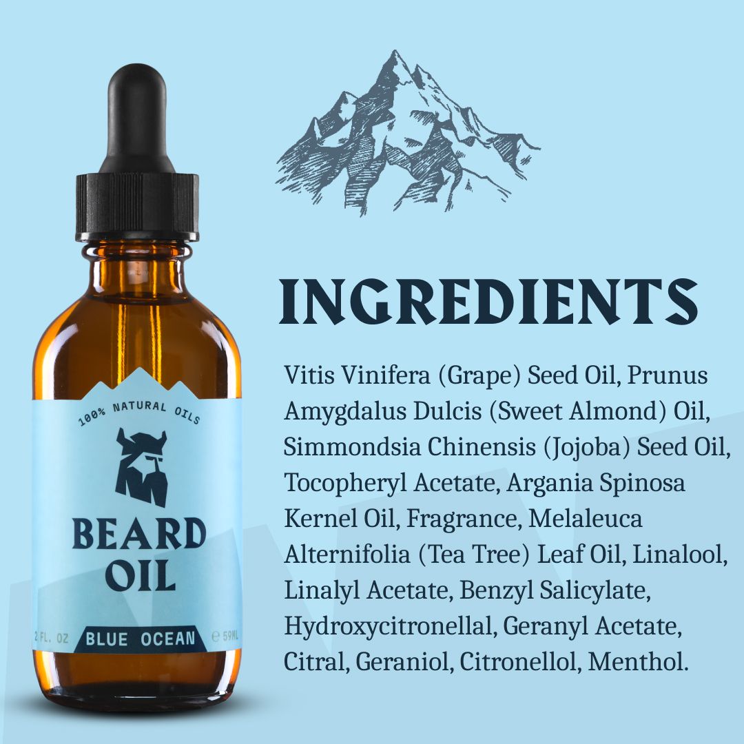 Bernsteinfarbene Glasflasche mit Pipette, Etikett mit Bartöl-Logo, Berg-Illustration und "Ingredients"-Liste.