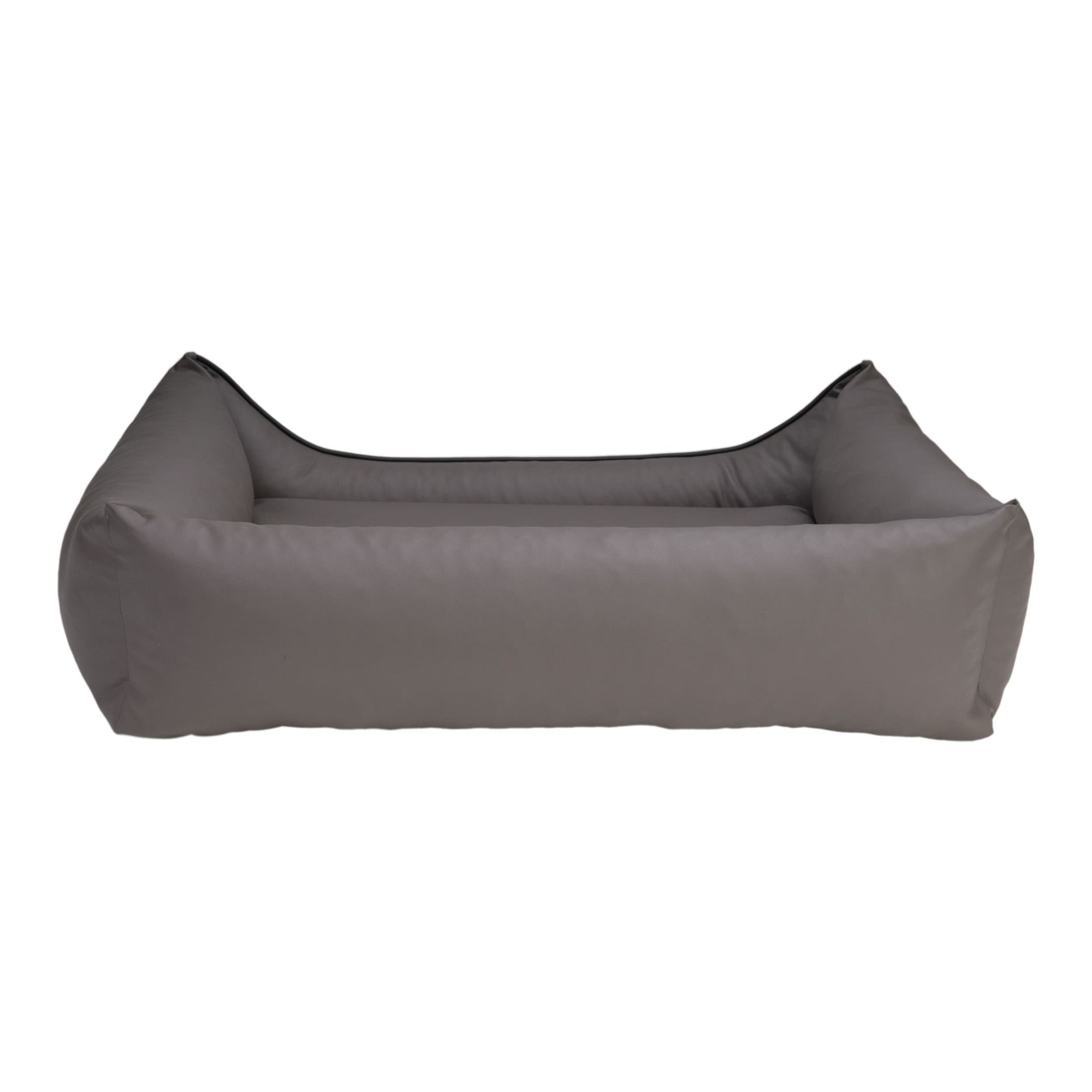 Hundebett, Kunstleder, Farbe Taupe. Rechteckige Form mit abgerundeten Ecken. Schwarze Kontur.