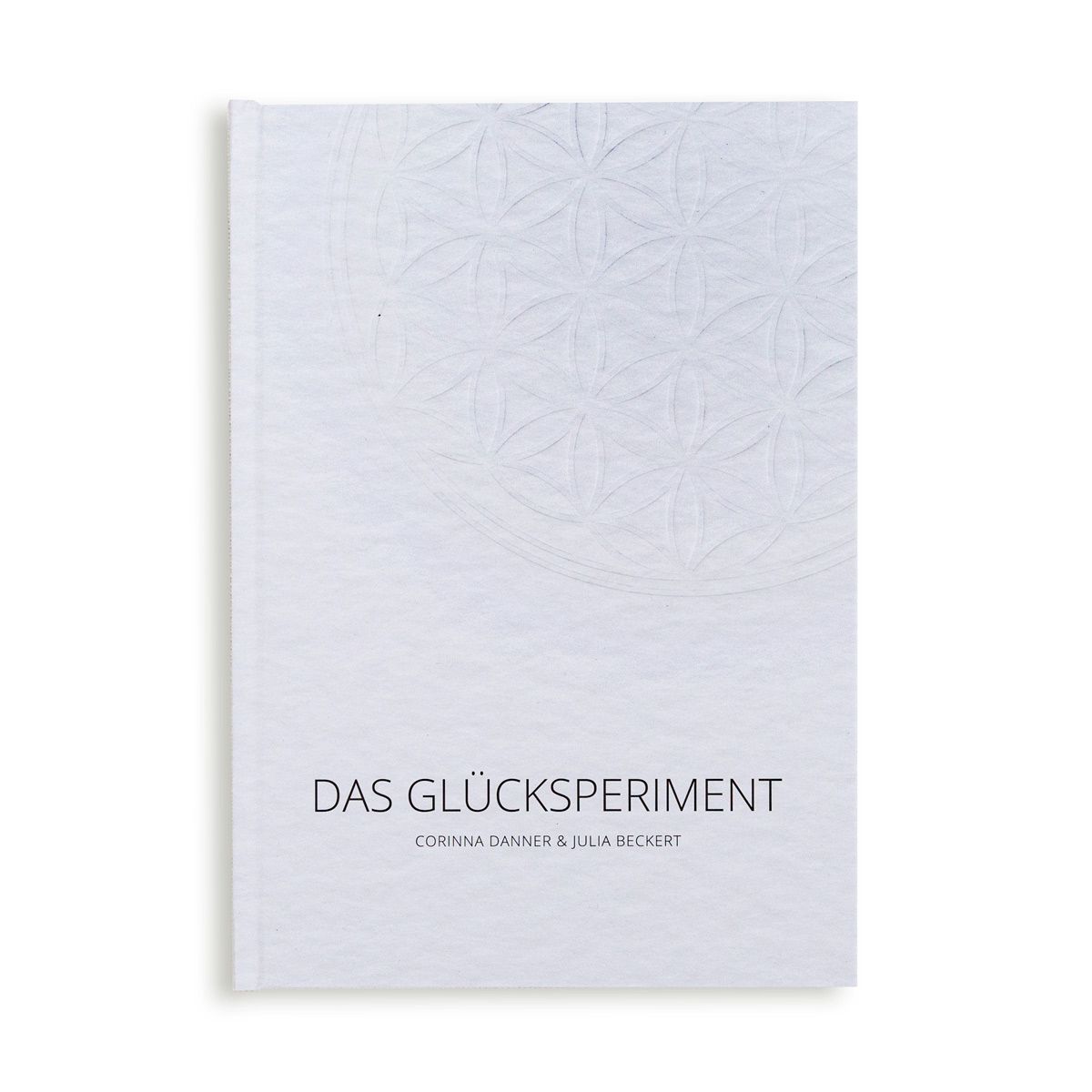 Buch mit geprägtem Muster. Titel: DAS GLÜCKSPERIMENT. Autoren: Corinna Danner & Julia Beckert.