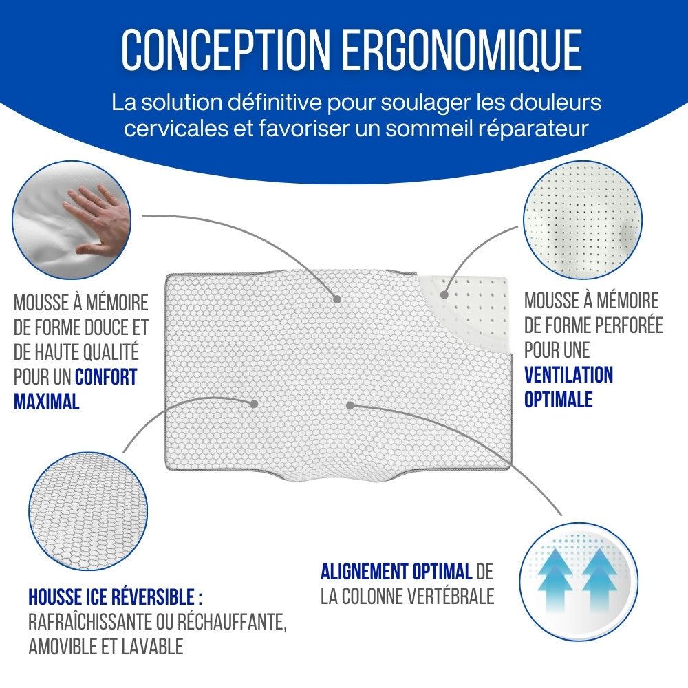 Oreiller ergonomique avec texte : Mousse à mémoire de forme, ventilation optimale, etc.